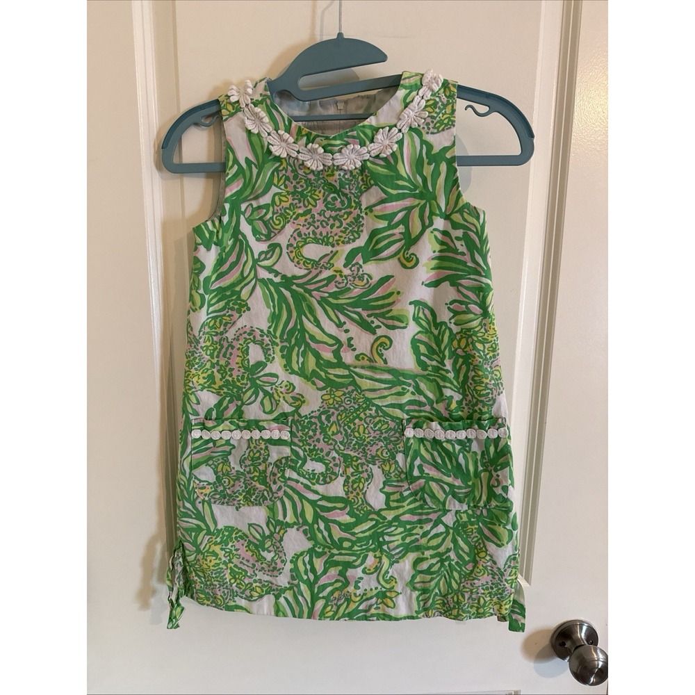 Lilly Pulitzer Girls Green Pink Elephant Jungle Shift Dress Size 8 Palm Beach